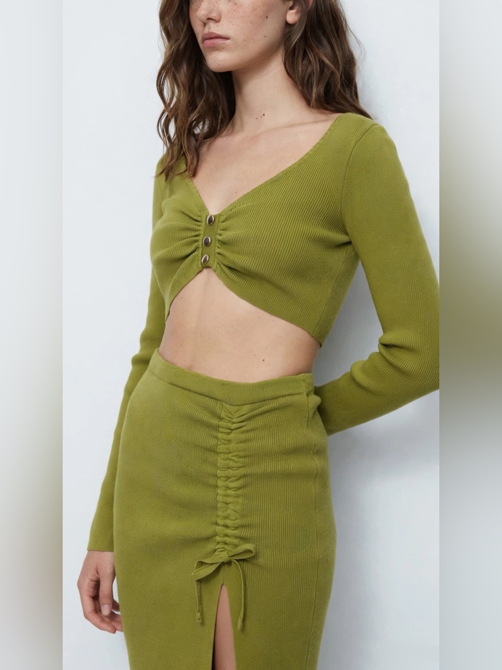 Olive Green Two-Piece Ribbed Knit  Set